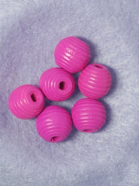 14 X 13MM WOODEN ROUND GROOVED BEADS - FUCHSIA