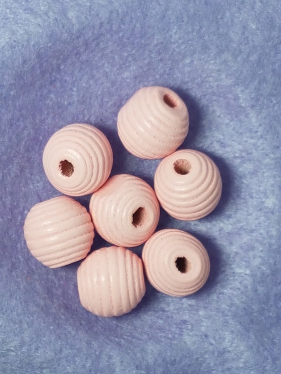 14 X 13MM WOODEN ROUND GROOVED BEADS - PINK