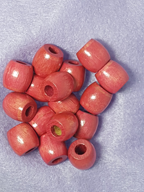 12MM NATURAL WOODEN BARREL BEADS - RED