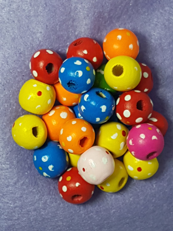 12MM NATURAL WOODEN ROUND BEADS - MIXED COLOURS WITH SPOTS