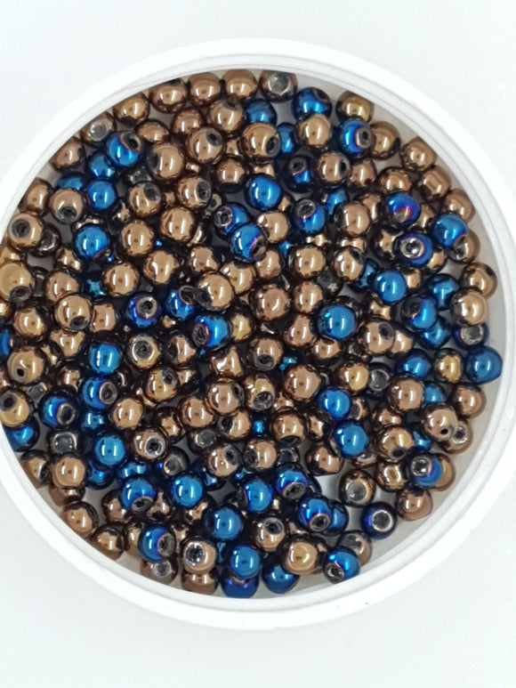 4MM GLASS BEADS - ELECTROPLATED - BLUE/DARK GOLD