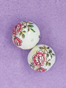 14MM FLOWER PICTURE GLASS BEADS - PINK ROSES