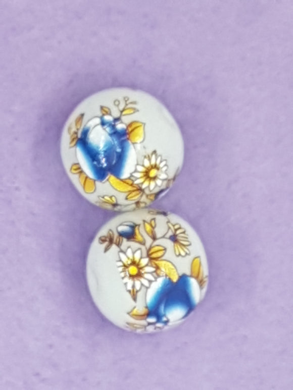 14MM FLOWER PICTURE GLASS BEADS - MIXED FLOWERS - DARK BLUE