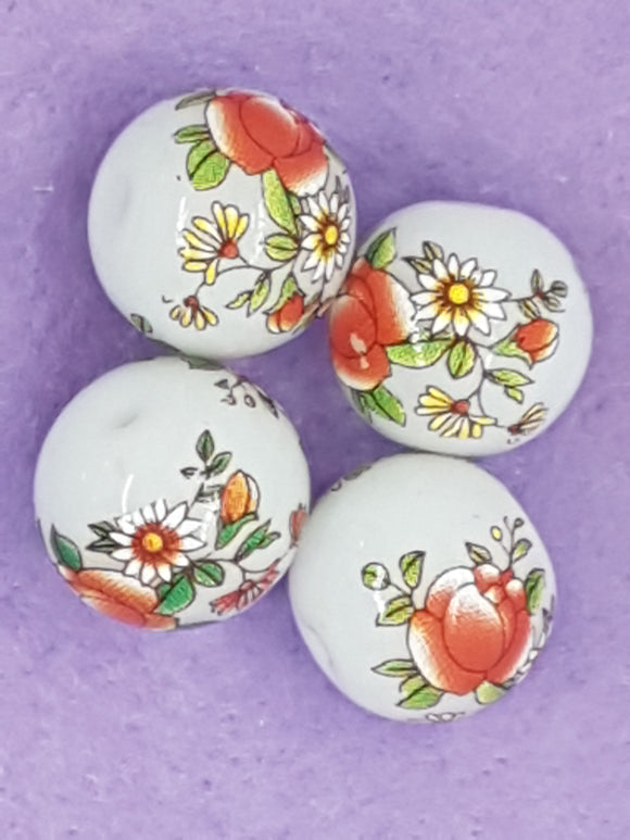 14MM FLOWER PICTURE GLASS BEADS - MIXED FLOWERS - ORANGE
