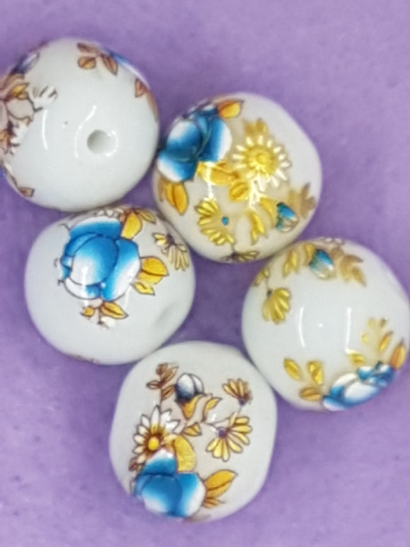 14MM FLOWER PICTURE GLASS BEADS - MIXED FLOWERS - DODGER BLUE