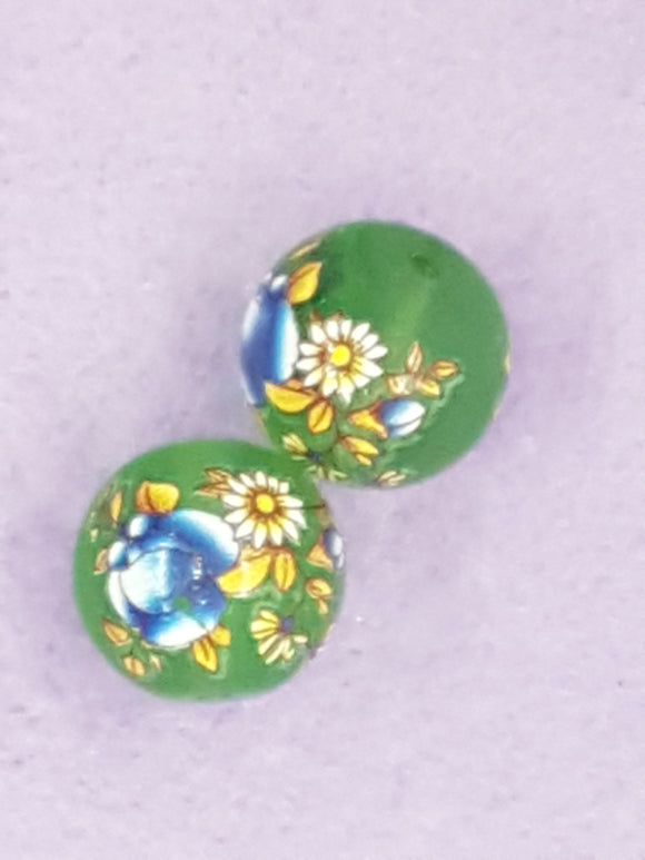 14MM FLOWER PICTURE GLASS BEADS - MIXED FLOWERS - DARK BLUE