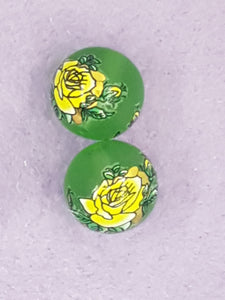 14MM FLOWER PICTURE GLASS BEADS - MIXED FLOWERS - YELLOW ROSES