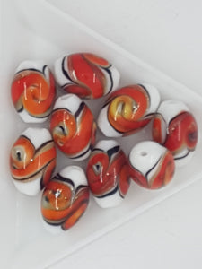 16MM H/MADE LAMPWORK BEADS - OVAL - RED/ORANGE