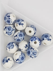 12MM H/MADE PORCELAIN BEADS - BLUE FLOWERS