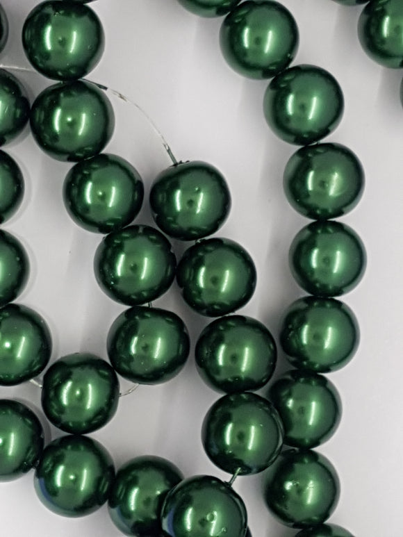 14MM GLASS ROUND PEARLS - DARK XMAS GREEN