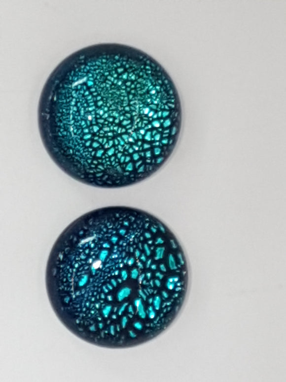 CABOCHON - 16MM DICHROIC GLASS  -ROUND - TEAL BLUE MOTTLE