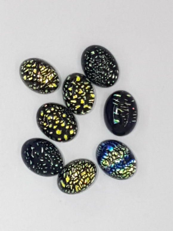 CABOCHON - 8x6MM DICHROIC GLASS  -OVAL - GREEN/BLUE MOTTLE