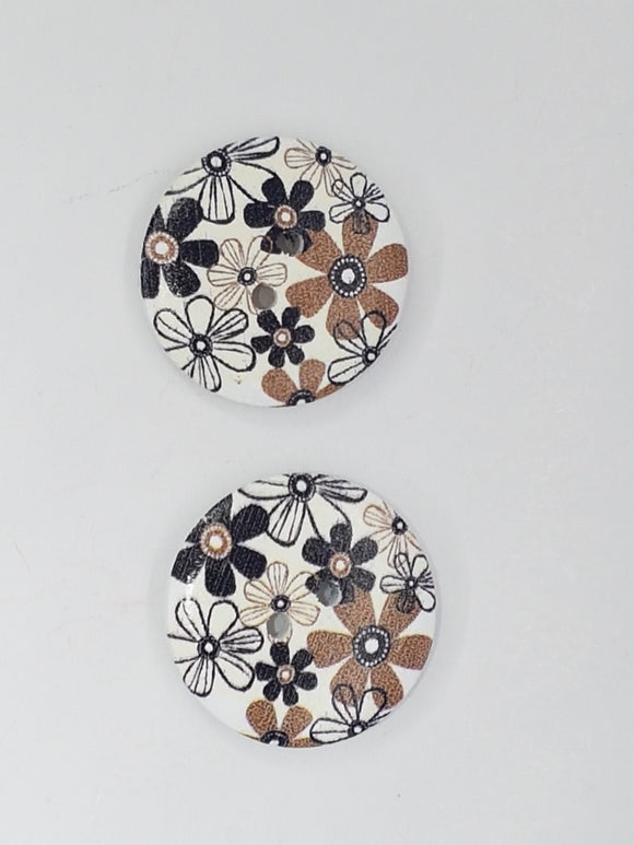 BUTTONS - 25MM WOODEN WITH FLOWERS - BROWN/BLACK