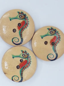 BUTTONS - 20MM WOODEN SEAHORSE MOTIF - RED/BLUE