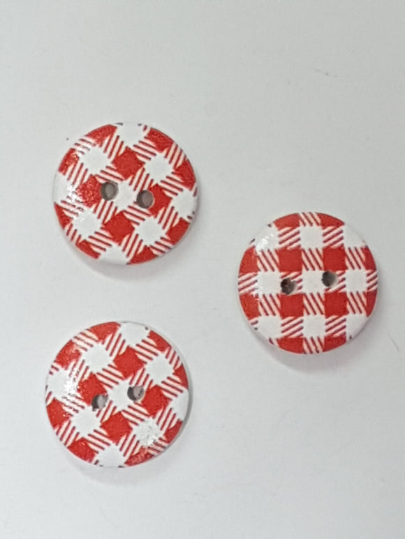 BUTTONS - 15MM WOODEN - PLAID - RED