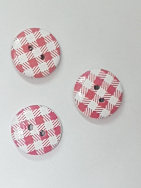 BUTTONS - 15MM WOODEN - PLAID - PINK