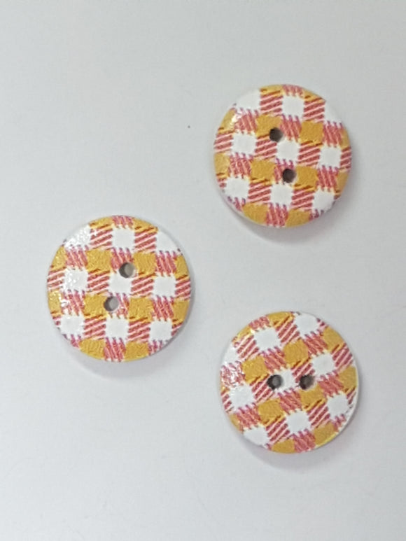 BUTTONS - 15MM WOODEN - PLAID - RED/YELLOW NO 1