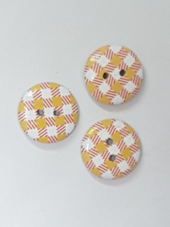 BUTTONS - 15MM WOODEN - PLAID - RED/YELLOW NO 2