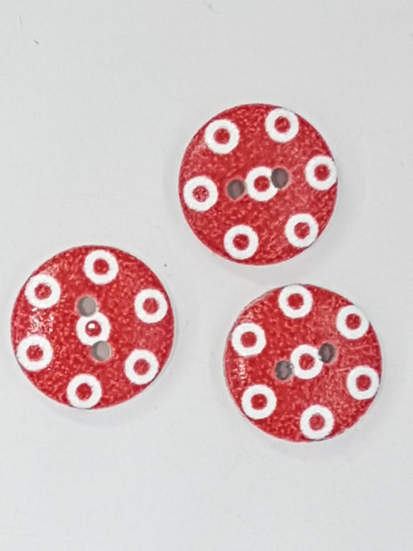 BUTTONS - 15MM WOODEN - POLKA DOT - RED