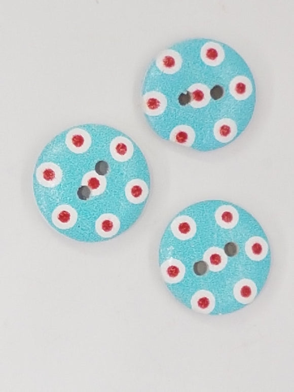 BUTTONS - 15MM WOODEN - POLKA DOT - BLUE/RED