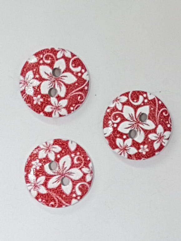 BUTTONS - 15MM WOODEN - PLUM BLOSSOM - RED