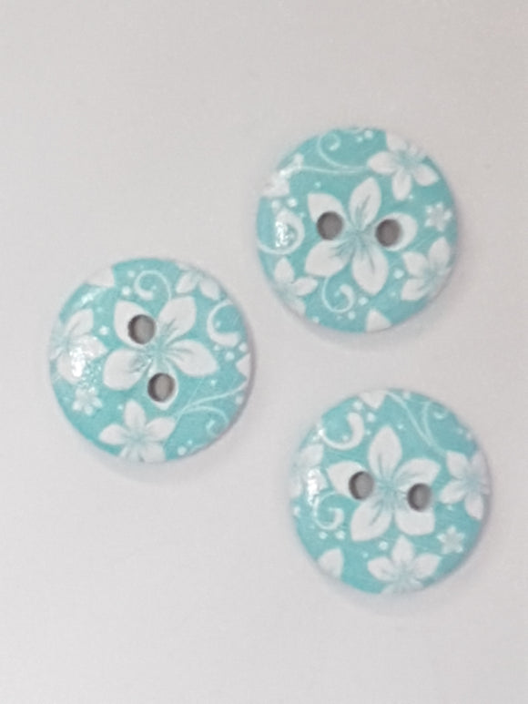 BUTTONS - 15MM WOODEN - PLUM BLOSSOM - ICE BLUE