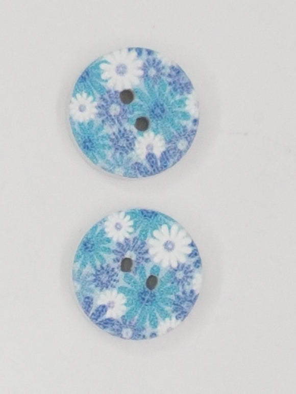 BUTTONS - 15MM WOODEN - FLOWERS - BLUE/WHITE