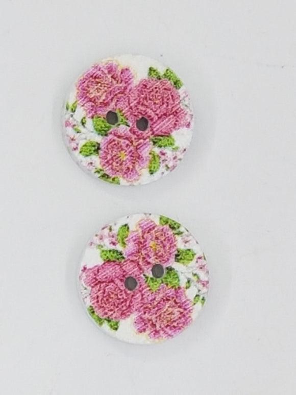 BUTTONS - 15MM WOODEN - ROSES - PINK