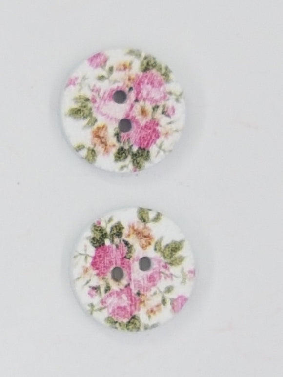 BUTTONS - 15MM WOODEN - PINK FLOWERS