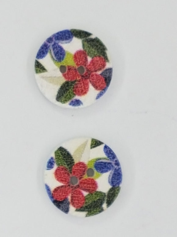 BUTTONS - 15MM WOODEN - RED FLOWERS