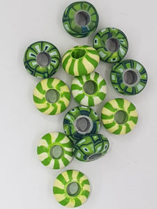 15MM LARGE HOLE POLYMER CLAY RONDELLES - GREEN MIX