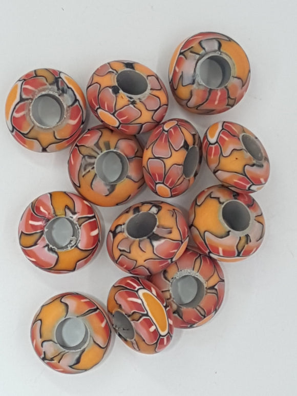 15MM LARGE HOLE POLYMER CLAY RONDELLES - ORANGE/RED