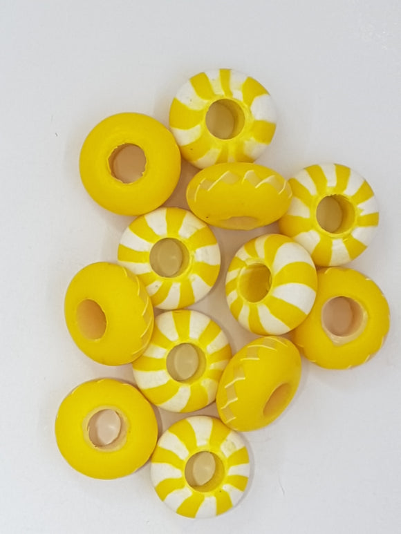 15MM LARGE HOLE POLYMER CLAY RONDELLES - YELLOW/WHITE