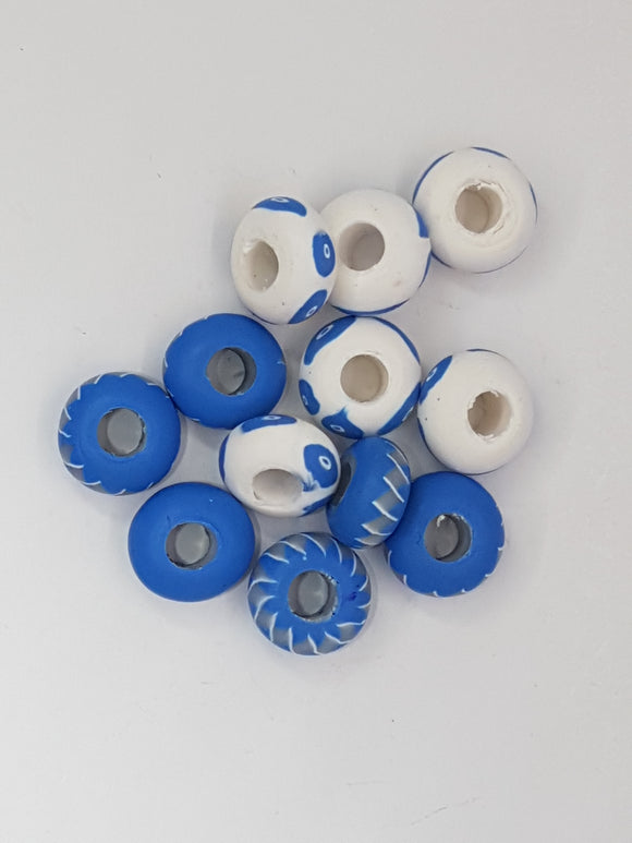 15MM LARGE HOLE POLYMER CLAY RONDELLES - BLUE/WHITE