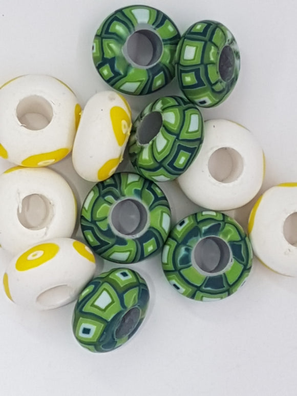 15MM LARGE HOLE POLYMER CLAY RONDELLES - GREEN/YELLOW