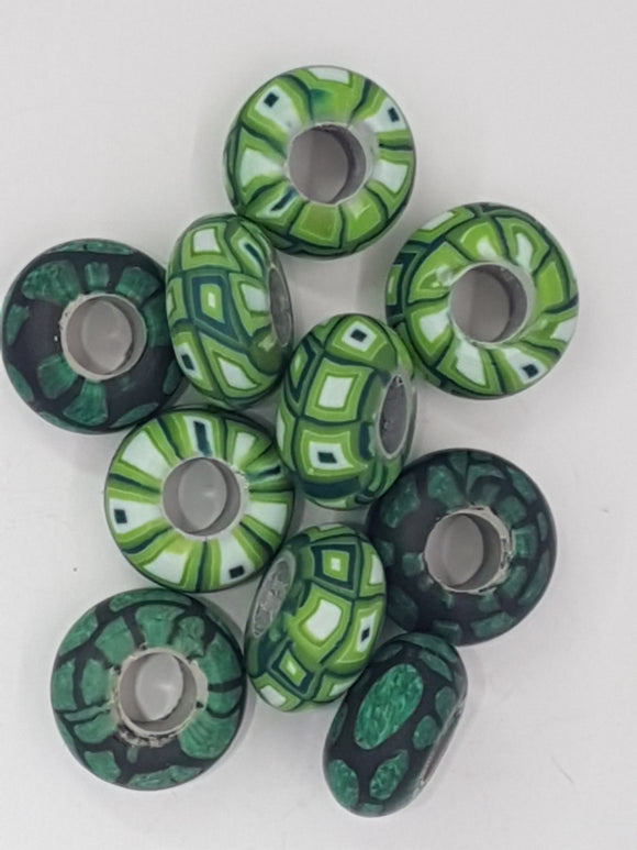 15MM LARGE HOLE POLYMER CLAY RONDELLES - TWO TONE GREENS