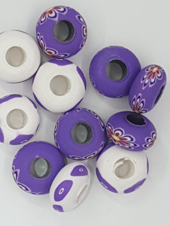 15MM LARGE HOLE POLYMER CLAY RONDELLES - PURPLE/WHITE/RED