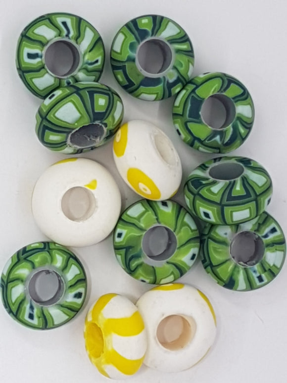 15MM LGE HOLE POLYMER CLAY RONDELLES - GREEN/YELLOW MIX 1
