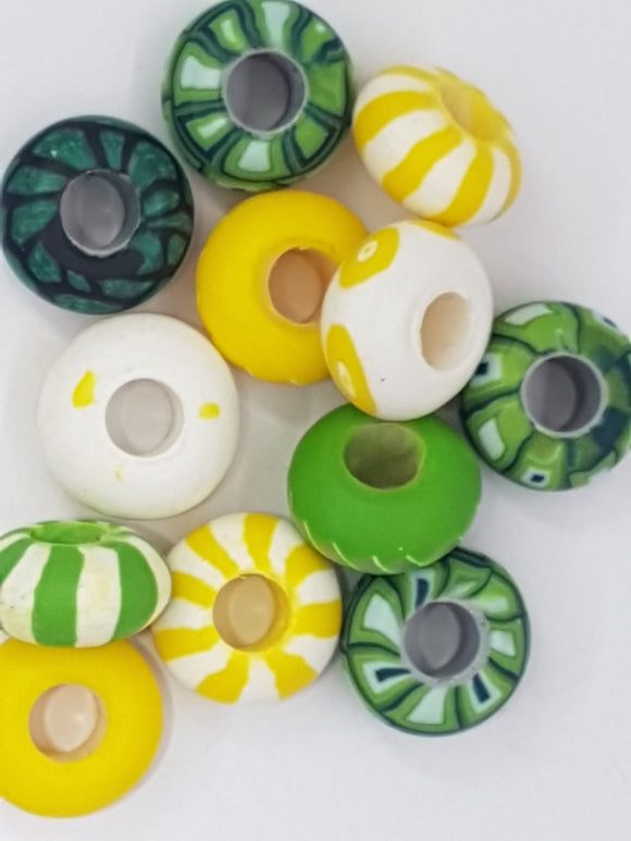 15MM LGE HOLE POLYMER CLAY RONDELLES - GREEN/YELLOW MIX 2