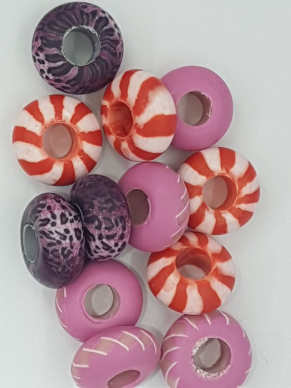 15MM LARGE HOLE POLYMER CLAY RONDELLES - PURPLE/RED MIX