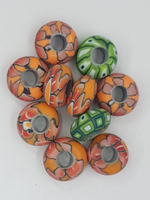 15MM LARGE HOLE POLYMER CLAY RONDELLES - ORANGE/GREEN MIX
