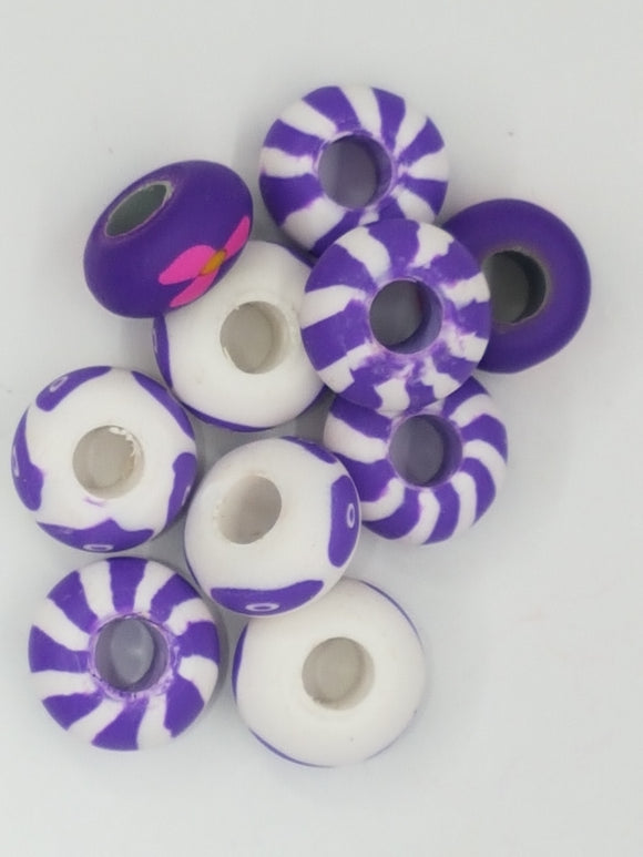 15MM LARGE HOLE POLYMER CLAY RONDELLES - PURPLE/WHITE/PINK MIX