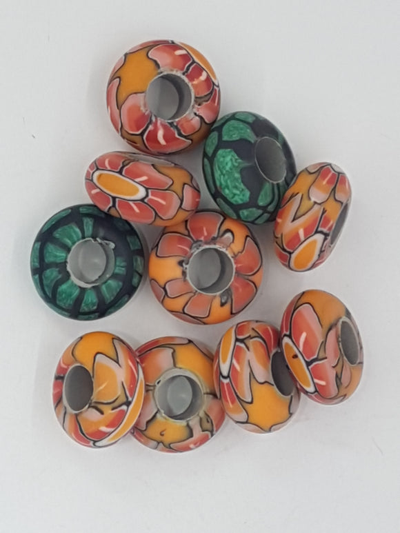 15MM LARGE HOLE POLYMER CLAY RONDELLES - RED/ORANGE/GREEN MIX