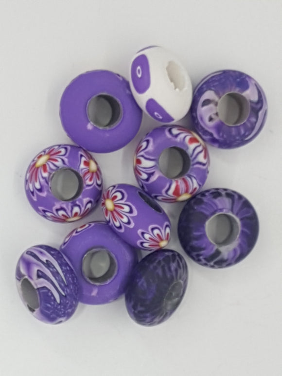 15MM LARGE HOLE POLYMER CLAY RONDELLES - PURPLE/RED/BLACK MIX