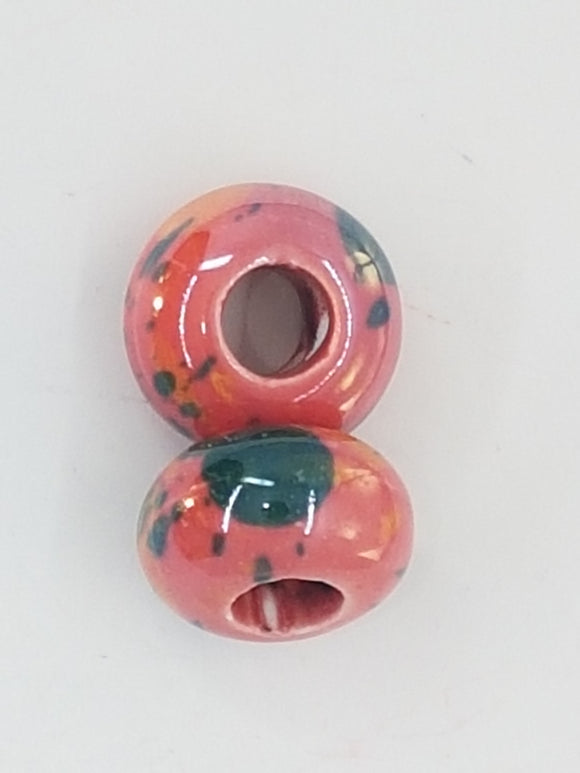 15-16x9-10MM LARGE HOLE H/MADE PORC. RONDELLES - SALMON/GREEN/GOLD