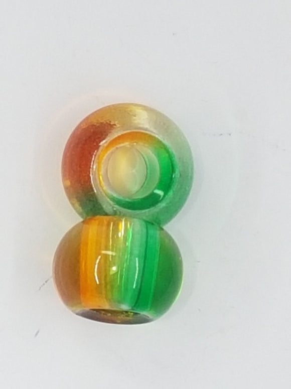 14MM LARGE HOLE GLASS TWO-TONED RONDELLES - GREEN/ORANGE