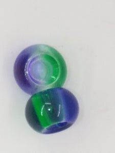 14MM LARGE HOLE GLASS TWO-TONED RONDELLES - GREEN/PURPLE