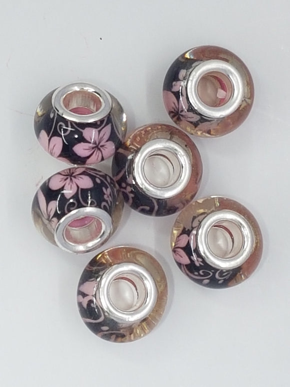 14MM LARGE HOLE ACRYLIC RONDELLES - PINK FLOWERS