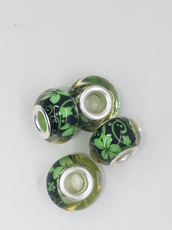 14MM LARGE HOLE ACRYLIC RONDELLES - GREEN FLOWERS