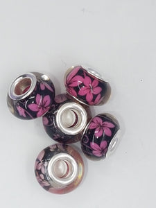 14MM LARGE HOLE ACRYLIC RONDELLES - DARK PINK FLOWERS